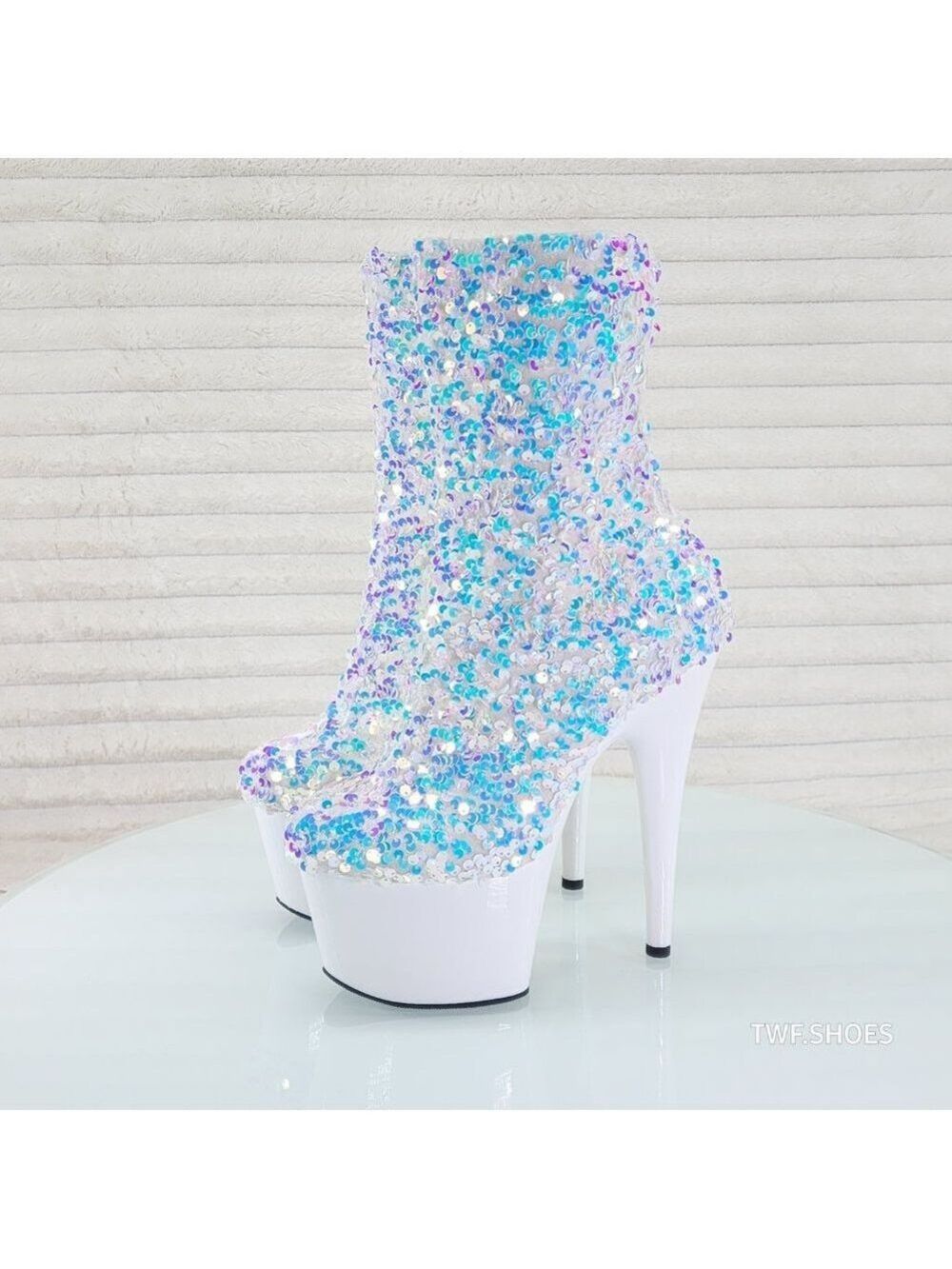 White Ice Multi Sequin Platform 7" Heels Ankle Boots Adore 1042 - Picture 8 of 8